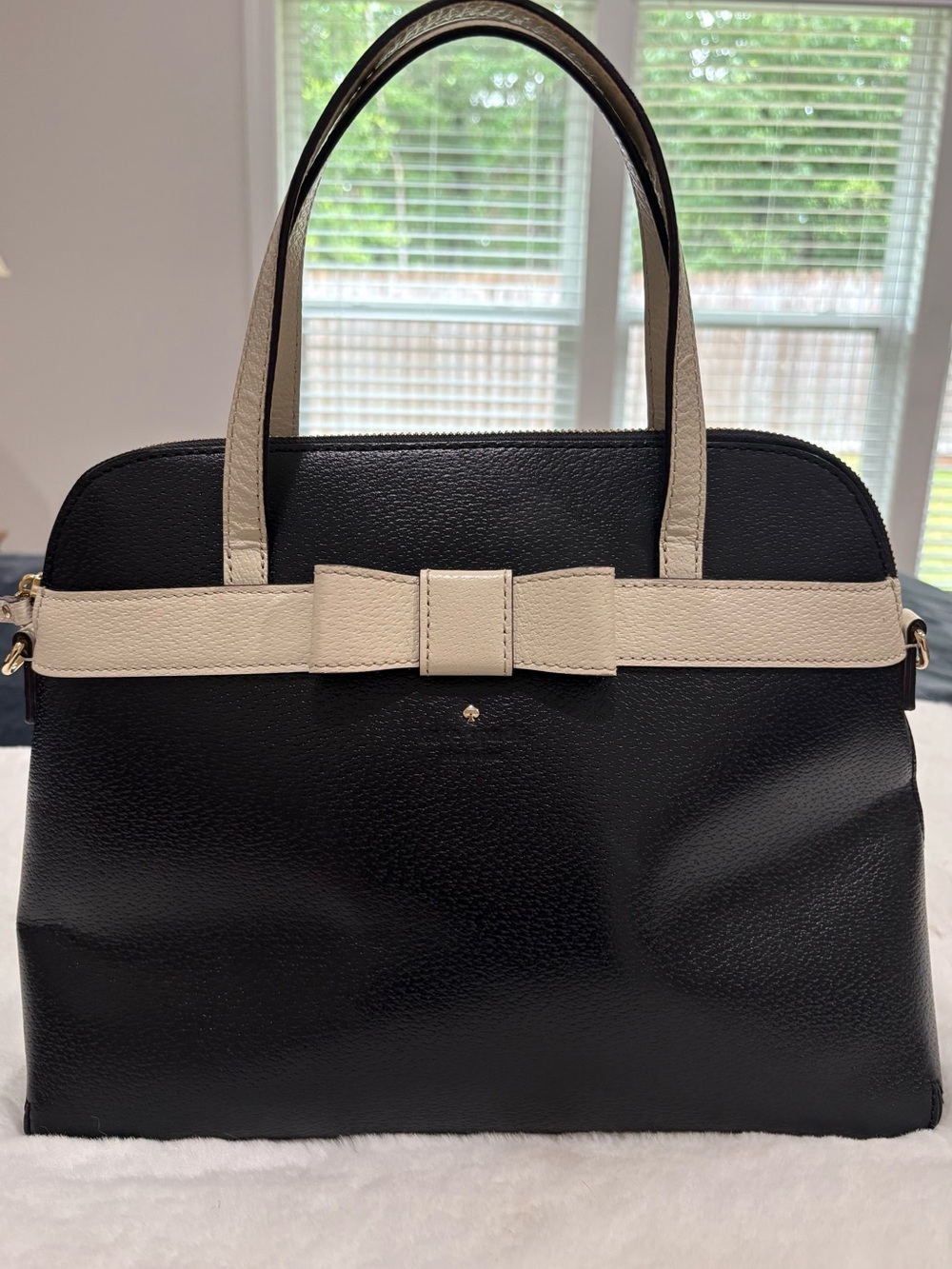 Kate Spade Black Saffiano Leather Cream Satchel with Bow EUC